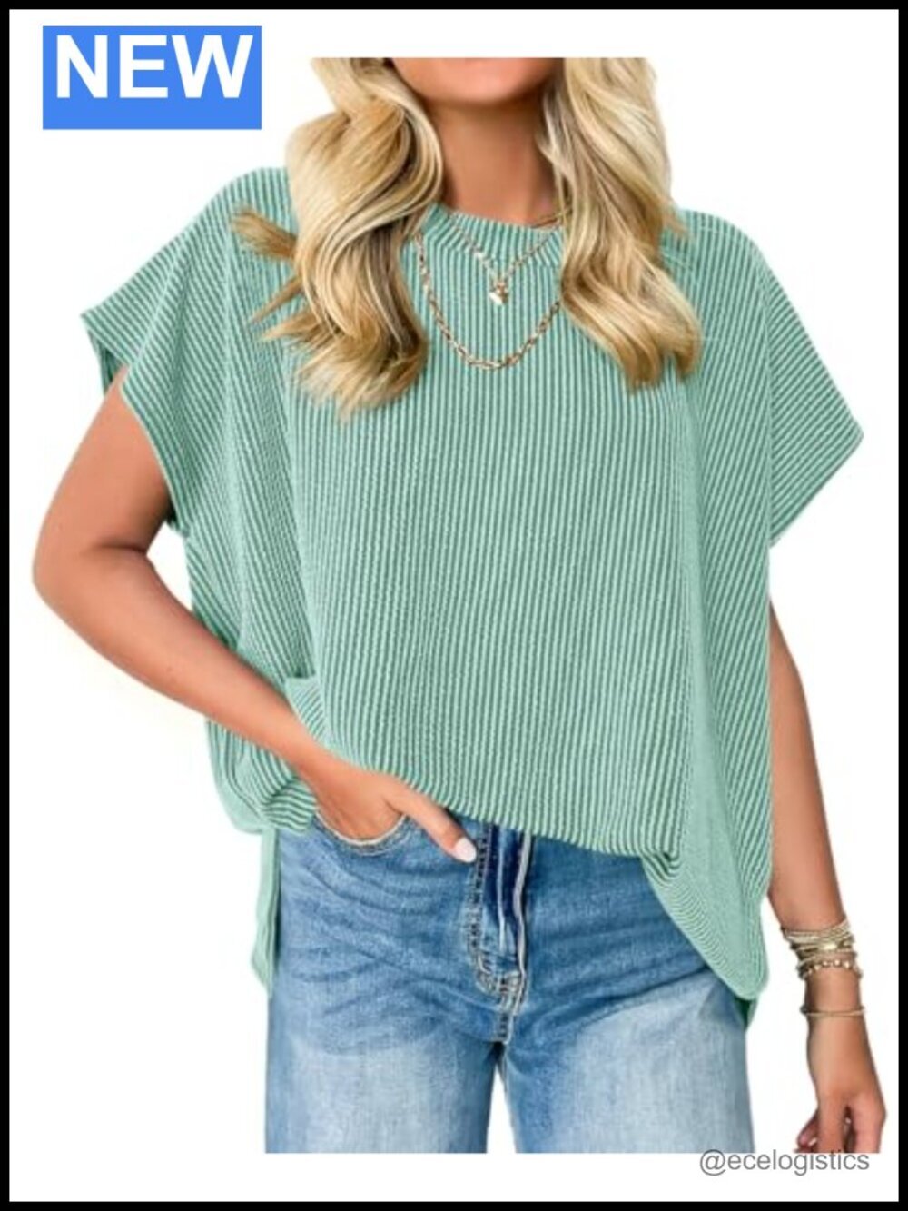Oversized Textured Ribbed Tee Short Cap Sleeve Side Split Tunic Blouse
